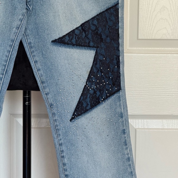 Light Blue Jeans with Black Lace Design and Star and Rock Rhinesones - Picture 3 of 8